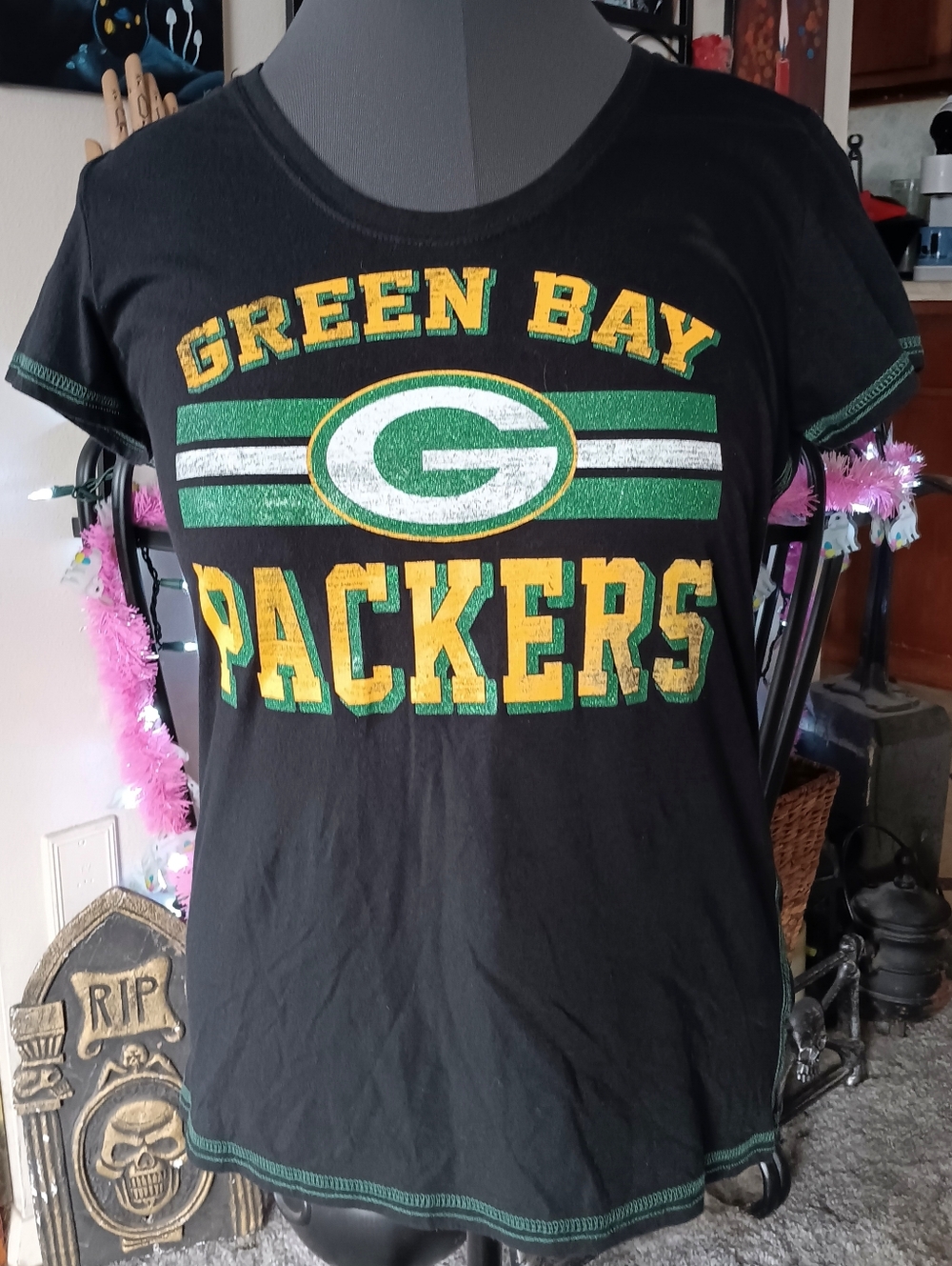 💚💛 Green Bay Packers Glitter Tee T-shirt Black XL NFL Football Sparkly Logo